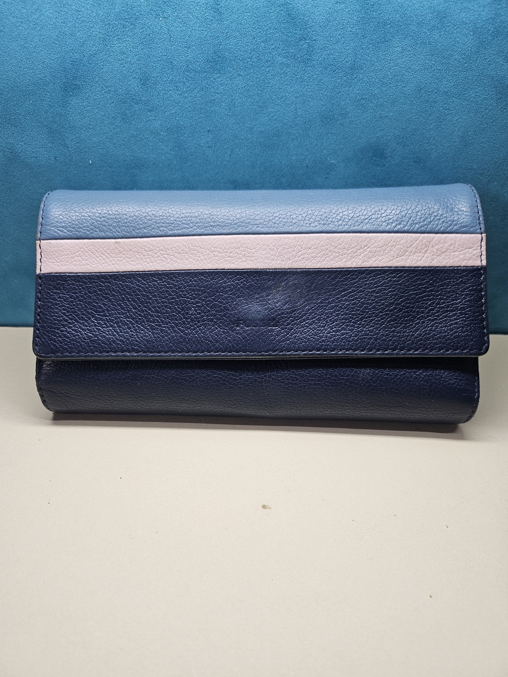 Fossil Tri-Panel Leather Fold Wallet in Navy, Sky & Pale Pink